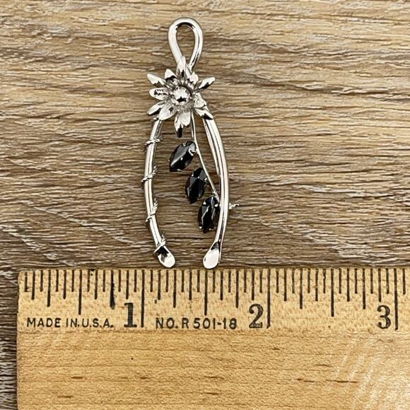 Silver Tone Flower Ribbon and Marquise-cut Black Rhinestone Brooch/Pin - Picture 5 of 5